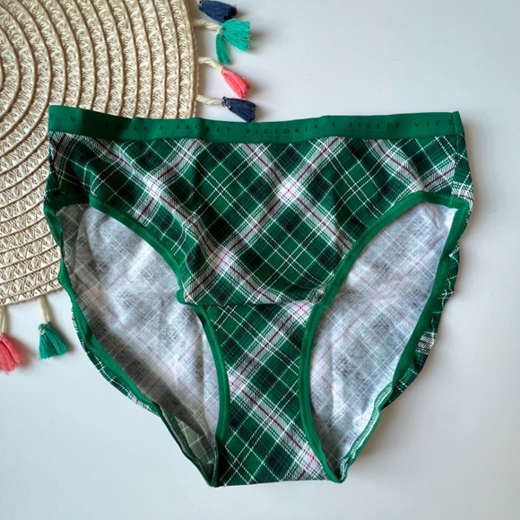 Victoria's Secret Stretch Cotton High-Leg Brief Panty Green Plaid Small NEW - Picture 1 of 6
